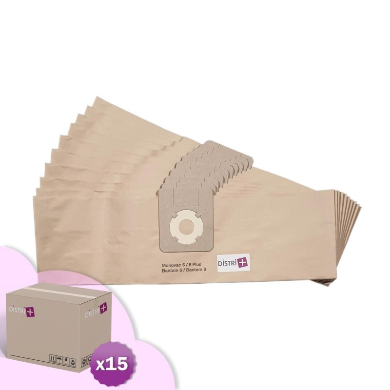 Sac aspirateur compatible avec Sorma 510, Sorma 520 - Wetrok Monovac 6, Monovac 9, Bantam 6, Bantam 9, Duovac 6, Duovac 9... - Carton de 15 pochettes de 10 sacs papier